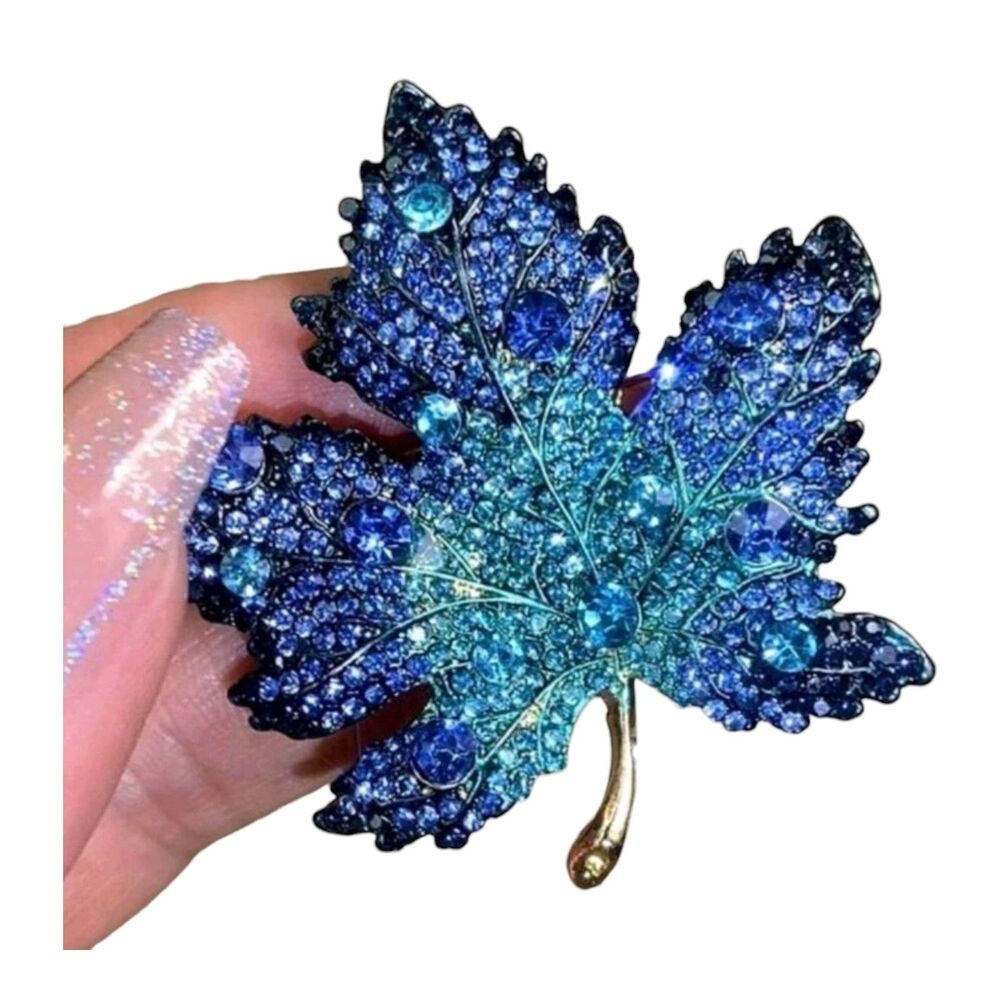 Maple Leaf Brooch Blue Shades Rhinestones Fashion Pin Jewelry Autumn Statement